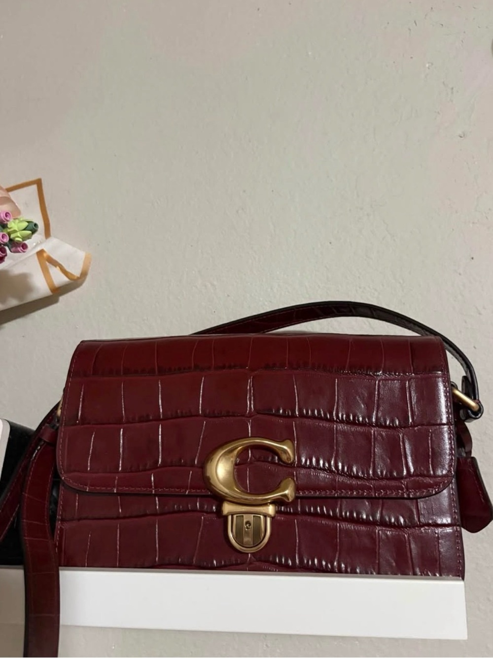 Croc-Embossed Burgundy Shoulder Bag with Gold Accent